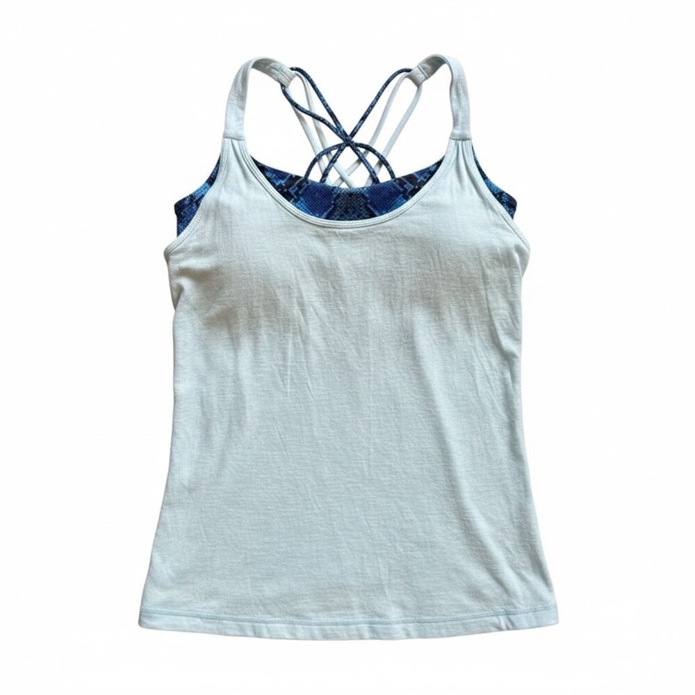 Lululemon Flow Y Tank Built-In Bra Blue Snake Print Crisscross Back Size 4